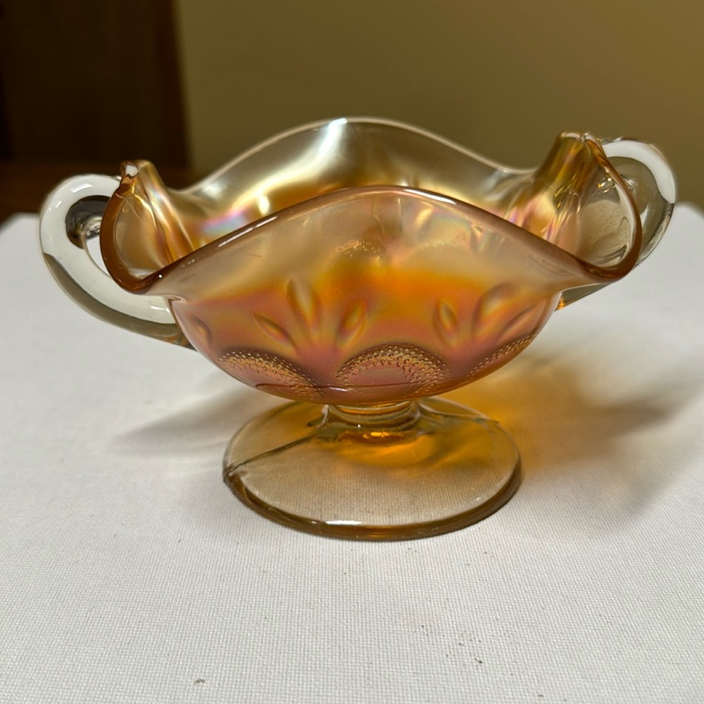 Dugan Glass Question Marks Marigold (Carnival) handled pedestal bowl 3.75” tall